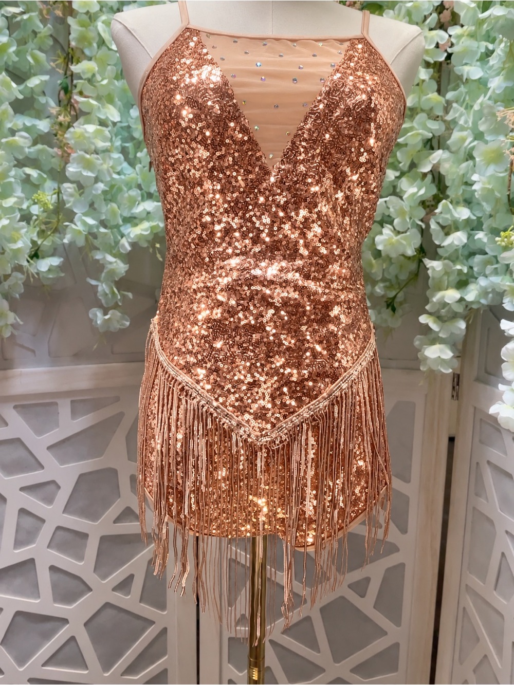 mahina Rose Gold Sequin Fringe Mini Dress